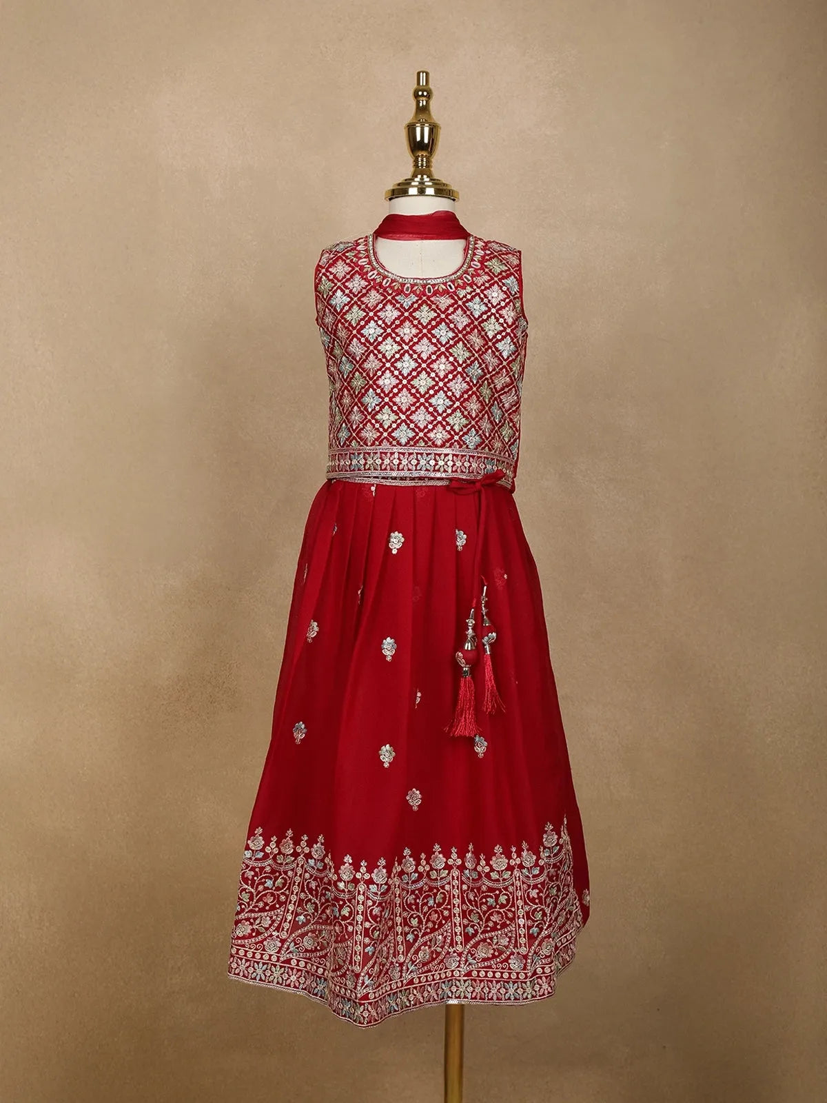 Red Floral Designed Georgette Lehenga - Diadem