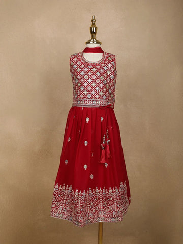 Red Floral Designed Georgette Lehenga - Diadem