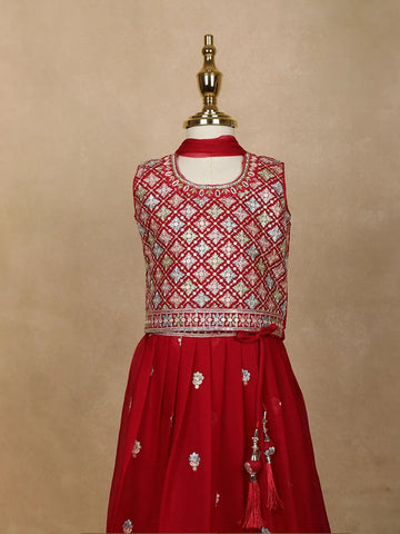 Red Floral Designed Georgette Lehenga - Diadem