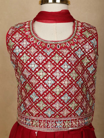 Red Floral Designed Georgette Lehenga - Diadem