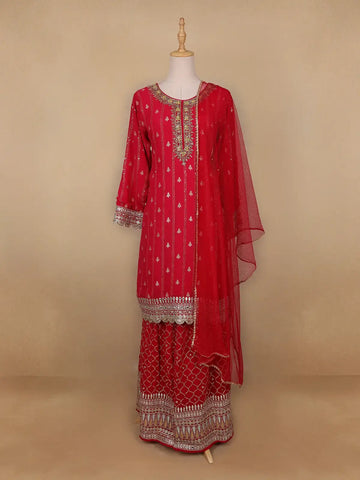 Red Floral Designed Georgette Salwar Suit - Diadem