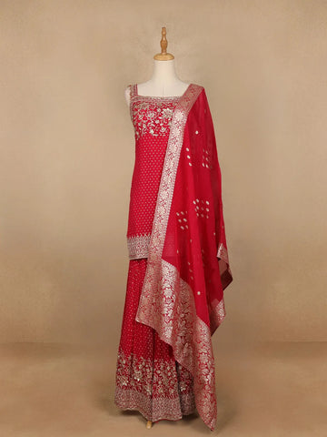 Red Floral Designed Georgette Sharara Salwar Suit - Diadem