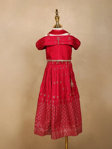 Red Floral Designed Raw Silk Lehenga - Diadem