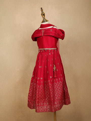 Red Floral Designed Raw Silk Lehenga - Diadem