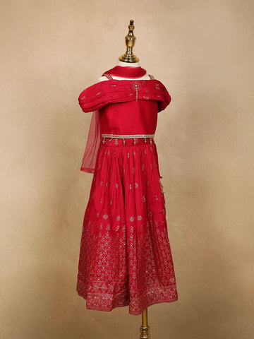 Red Floral Designed Raw Silk Lehenga - Diadem