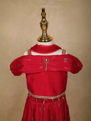 Red Floral Designed Raw Silk Lehenga - Diadem