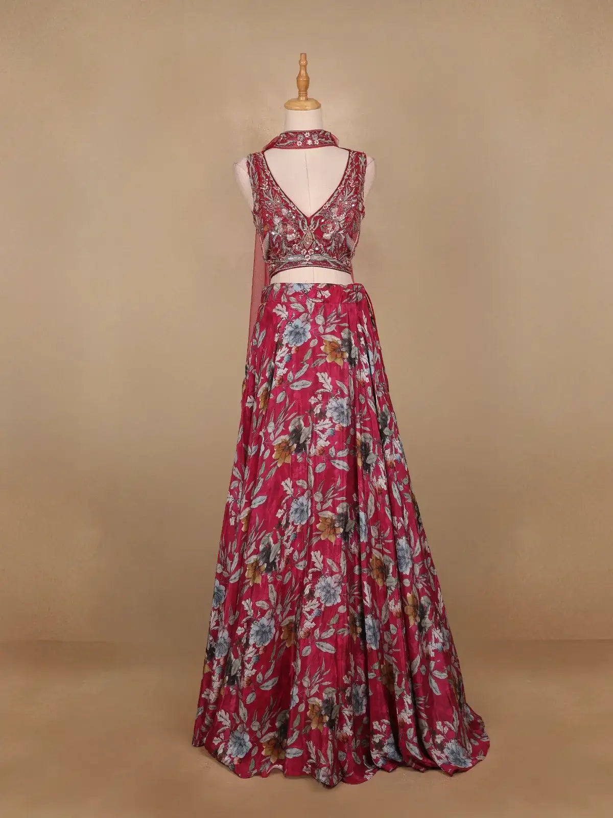 Red Floral Designed Semi Silk Bridesmaid Lehenga - Diadem
