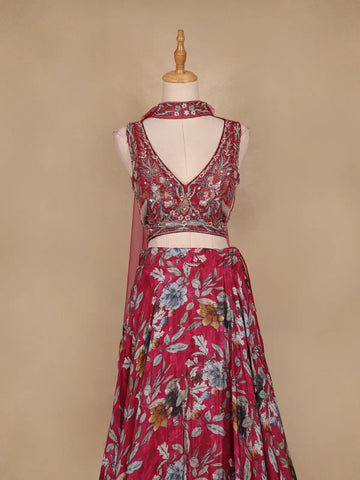 Red Floral Designed Semi Silk Bridesmaid Lehenga - Diadem