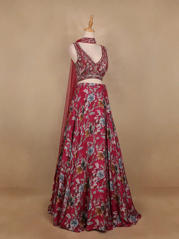 Red Floral Designed Semi Silk Bridesmaid Lehenga - Diadem