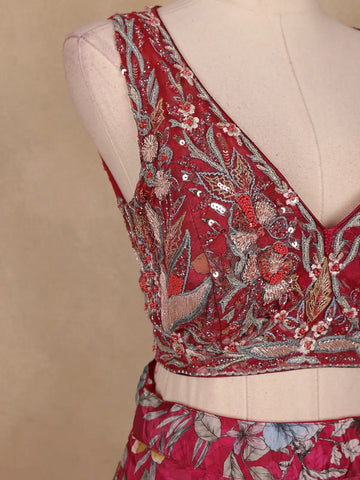 Red Floral Designed Semi Silk Bridesmaid Lehenga - Diadem