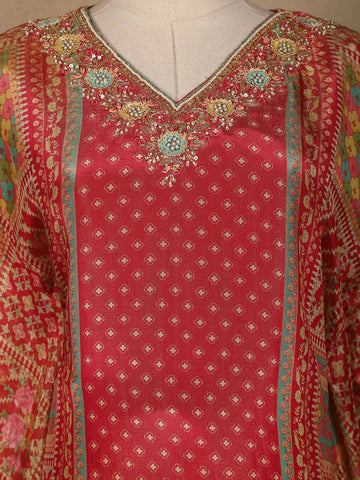Red Floral Designed Semi Silk Kaftan Suit - Diadem