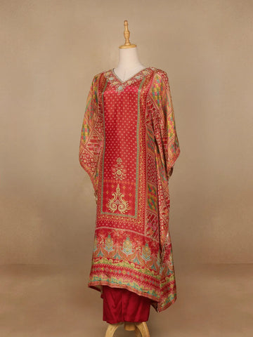 Red Floral Designed Semi Silk Kaftan Suit - Diadem