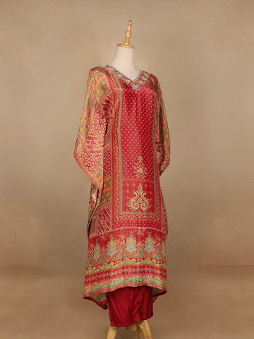Red Floral Designed Semi Silk Kaftan Suit - Diadem