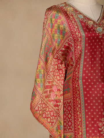 Red Floral Designed Semi Silk Kaftan Suit - Diadem