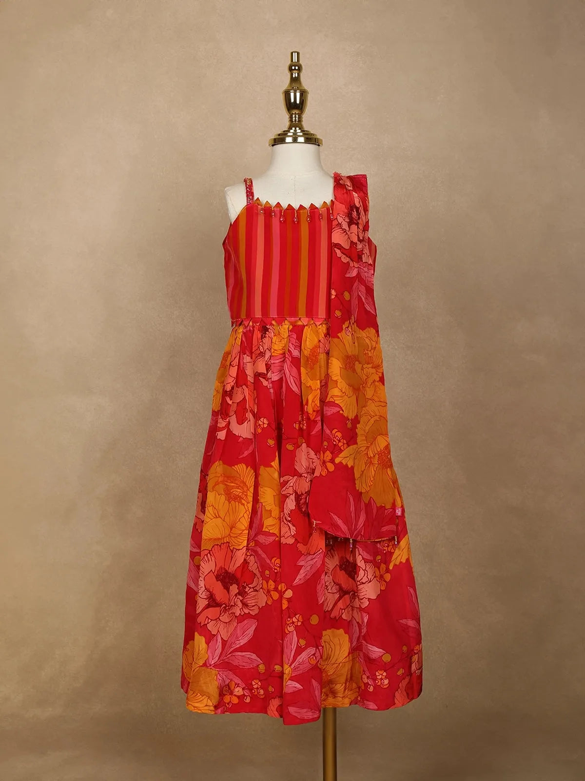 Red Floral Designed Semi Silk Lehenga - Diadem