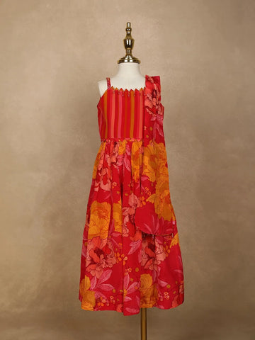 Red Floral Designed Semi Silk Lehenga - Diadem