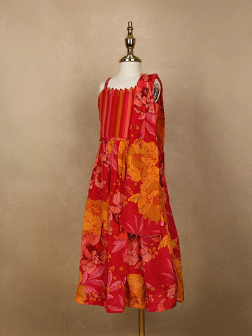 Red Floral Designed Semi Silk Lehenga - Diadem