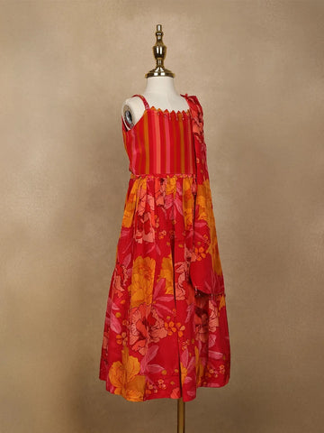 Red Floral Designed Semi Silk Lehenga - Diadem