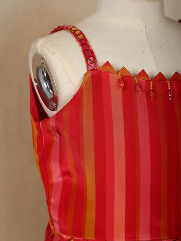 Red Floral Designed Semi Silk Lehenga - Diadem