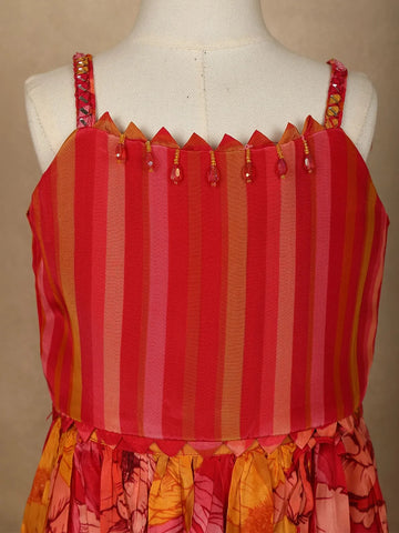 Red Floral Designed Semi Silk Lehenga - Diadem