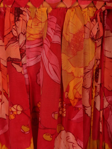 Red Floral Designed Semi Silk Lehenga - Diadem