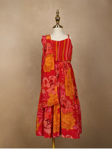 Red Floral Designed Semi Silk Lehenga - Diadem
