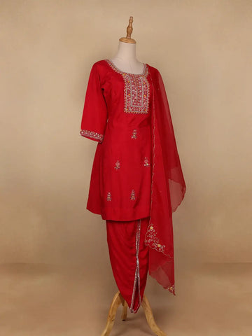 Red Floral Designed Semi Silk Salwar Suit - Diadem