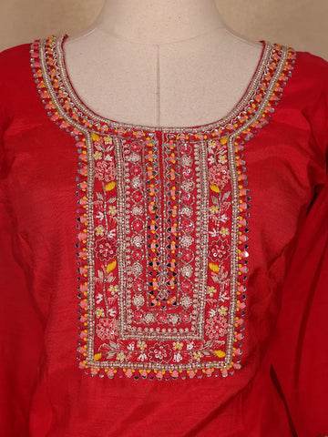 Red Floral Designed Semi Silk Salwar Suit - Diadem