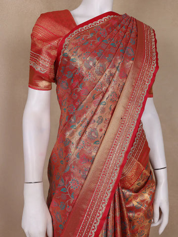 Red Floral Woven Banarasi Silk Saree - Diadem