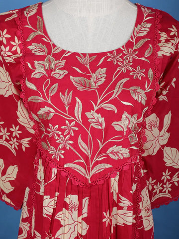 Red Floral Designed Cotton Salwar Suit - Diadem