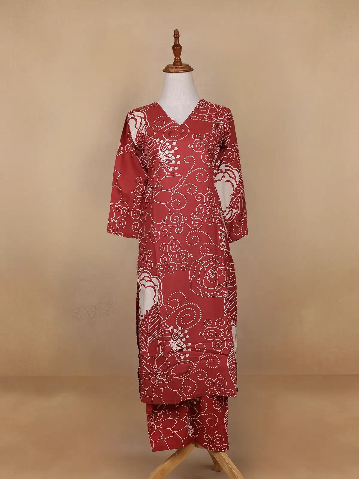 Red Floral Designed Cotton Salwar Suit - Diadem