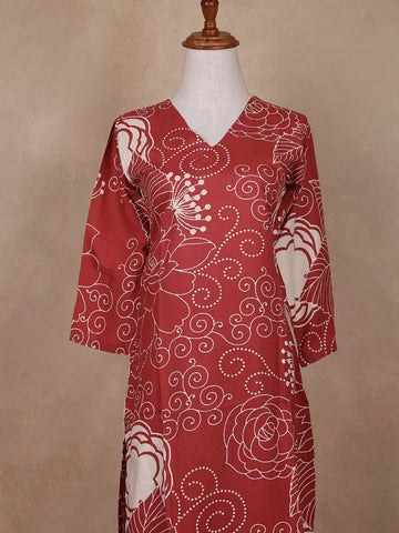 Red Floral Designed Cotton Salwar Suit - Diadem