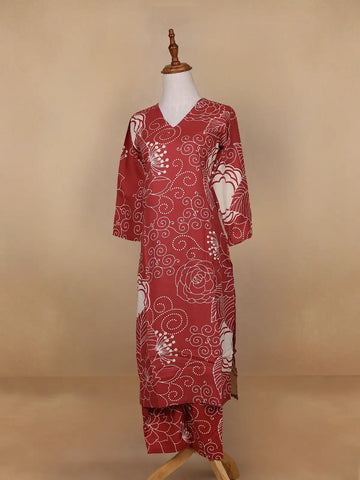 Red Floral Designed Cotton Salwar Suit - Diadem
