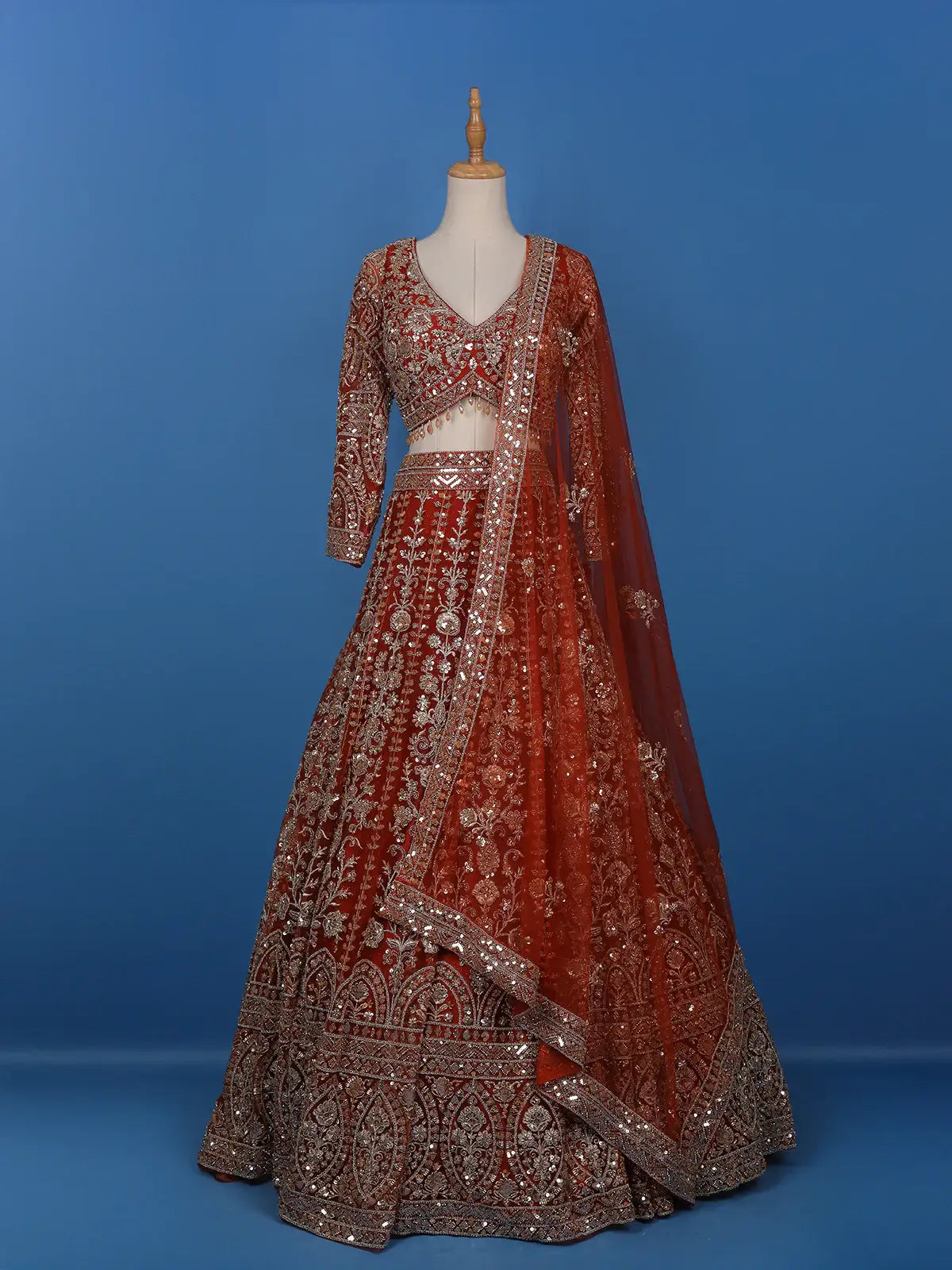 Red Floral Embroidered Net Lehenga for Brides - Diadem