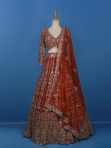 Red Floral Embroidered Net Lehenga for Brides - Diadem