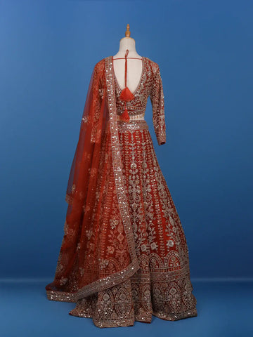 Red Floral Embroidered Net Lehenga for Brides - Diadem