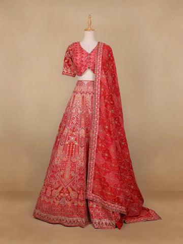 Red Floral Embroidered Semi Silk Lehenga for Brides - Diadem