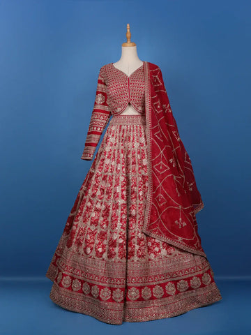 Red Floral Embroidered Semi Silk Lehenga for Bridesmaids - Diadem