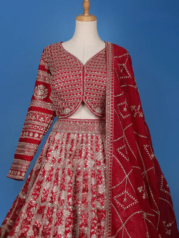 Red Floral Embroidered Semi Silk Lehenga for Bridesmaids - Diadem