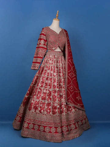 Red Floral Embroidered Semi Silk Lehenga for Bridesmaids - Diadem