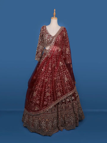 Red Floral Embroidery Bridal Net Lehenga - Diadem