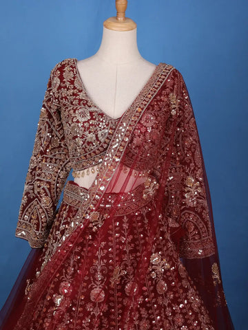 Red Floral Embroidery Bridal Net Lehenga - Diadem