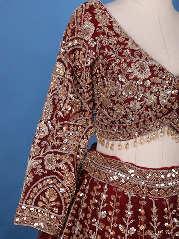 Red Floral Embroidery Bridal Net Lehenga - Diadem