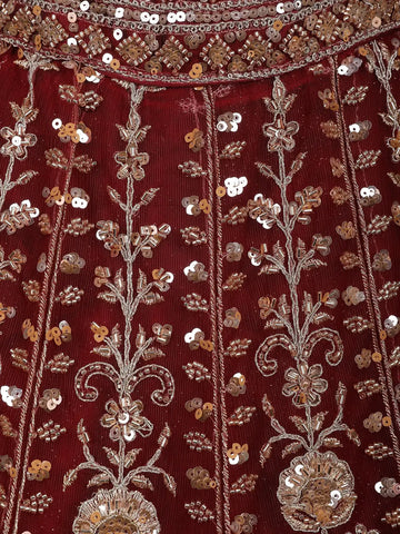 Red Floral Embroidery Bridal Net Lehenga - Diadem