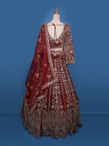 Red Floral Embroidery Bridal Net Lehenga - Diadem