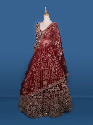 Red Floral Embroidery Bridal Net Lehenga - Diadem