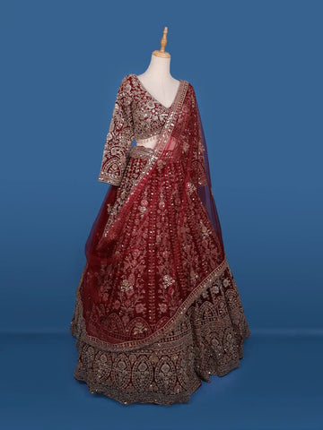 Red Floral Embroidery Bridal Net Lehenga - Diadem