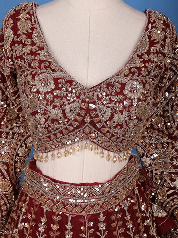 Red Floral Embroidery Bridal Net Lehenga - Diadem