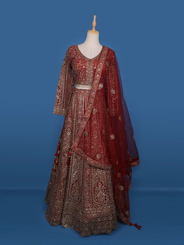 Red Floral Embroidery Bridal Net Lehenga - Diadem