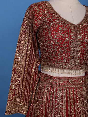 Red Floral Embroidery Bridal Net Lehenga - Diadem